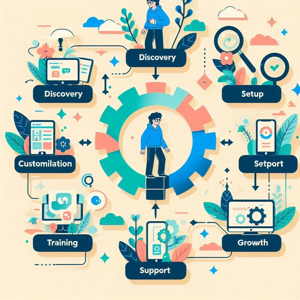 A chic and colorful flowchart for adopting Astra360 with the steps_ Discovery, Customization, Setup, Training, Support, Growth, using minimalist design with a white background and two colors (blue and green